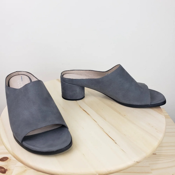 Ecco Women’s Size 10 Round Chunky Heel Slide Sandal Gray Leather Suede Open Toe - Picture 10 of 14